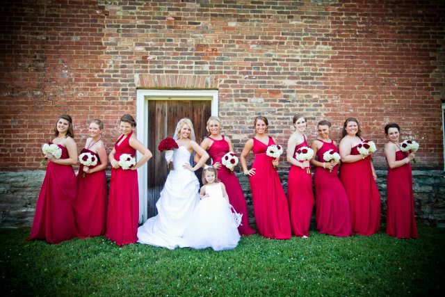 bride, bridesmaids, brick wall, red dresses, carnton plantation, nashville